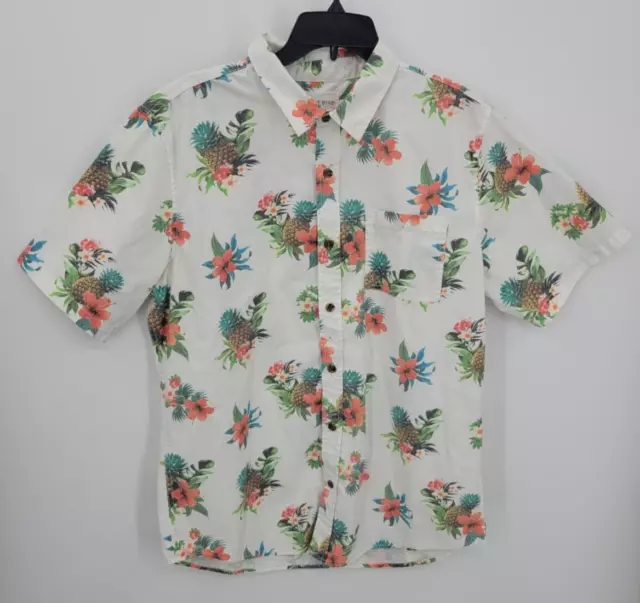 On the Byas Hawaiian Shirt Mens Large White Floral Short Sleeve Button Up Camp