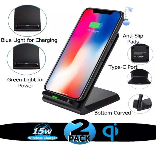 2 Pack Wireless Fast Charger Stand Dock Cradle for Apple iPhone Samsung Galaxy 3