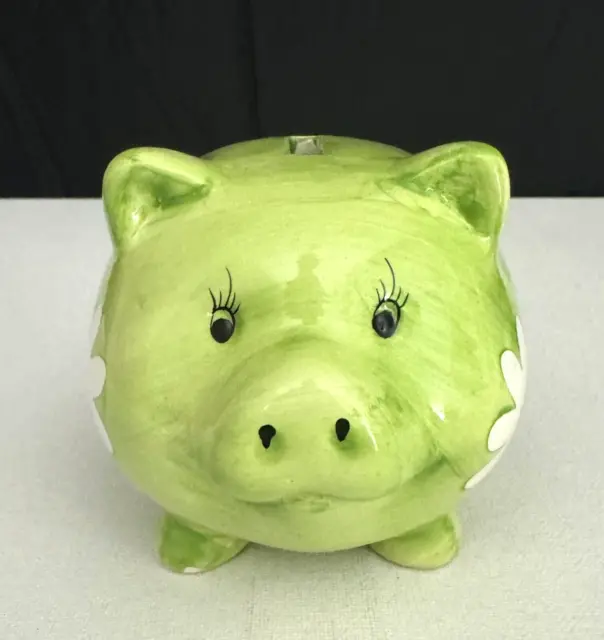 Vintage Ceramic Pig Piggy Bank - Hand Painted Green with Flowers - 5"