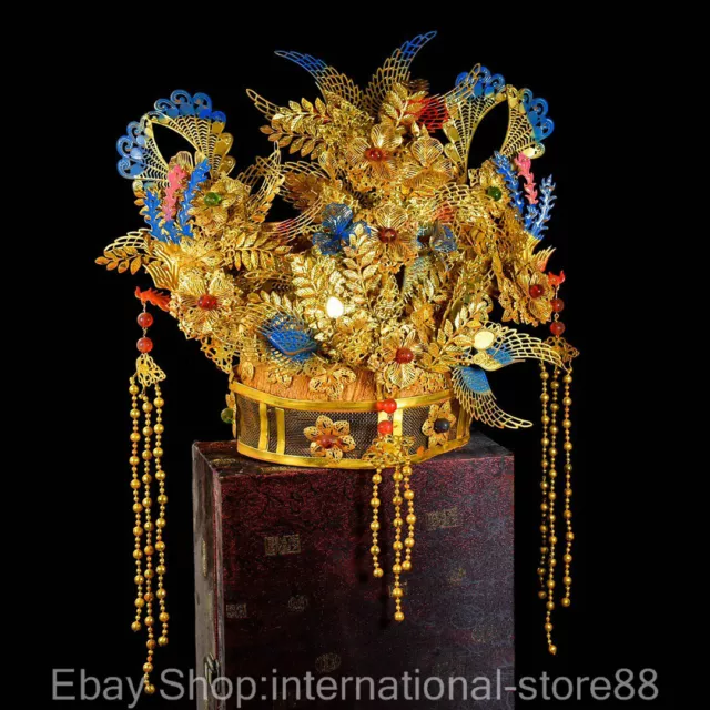 15.2" Rare Old China Filigree Bead Dynasty Palace Empress Phoenix Flower Hat Cap