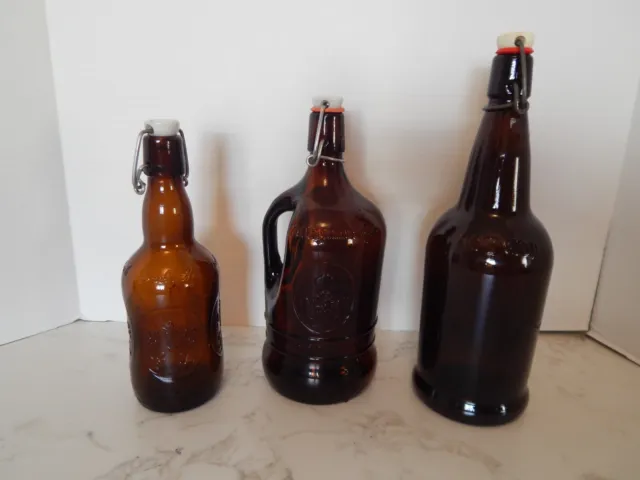Lotof 3 Old Vintage Amber Brown Beer Bottles with Porcelain Swing Top Lids