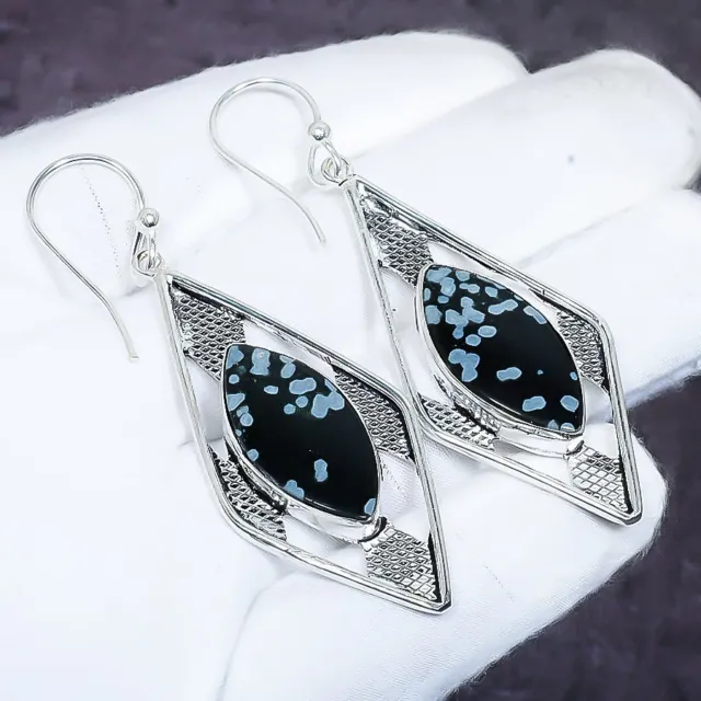 Snowflake Obsidian Gemstone 925 Sterling Silver Jewelry Earring 2.76 " Y617
