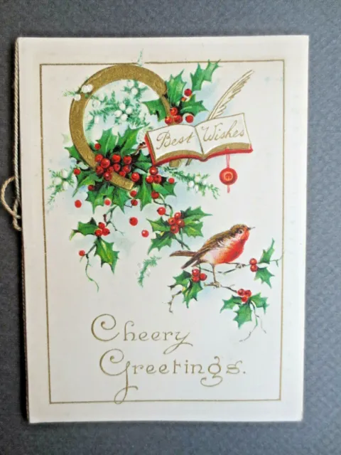 Vintage CHRISTMAS Card 1920s Holly Robin Bird Lucky Horseshoe CHEERY GREETINGS