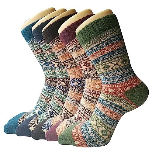 5 Pack Womens Wool Socks Winter Warm Large A-blue/Dark Blue/Brown/Red/Green