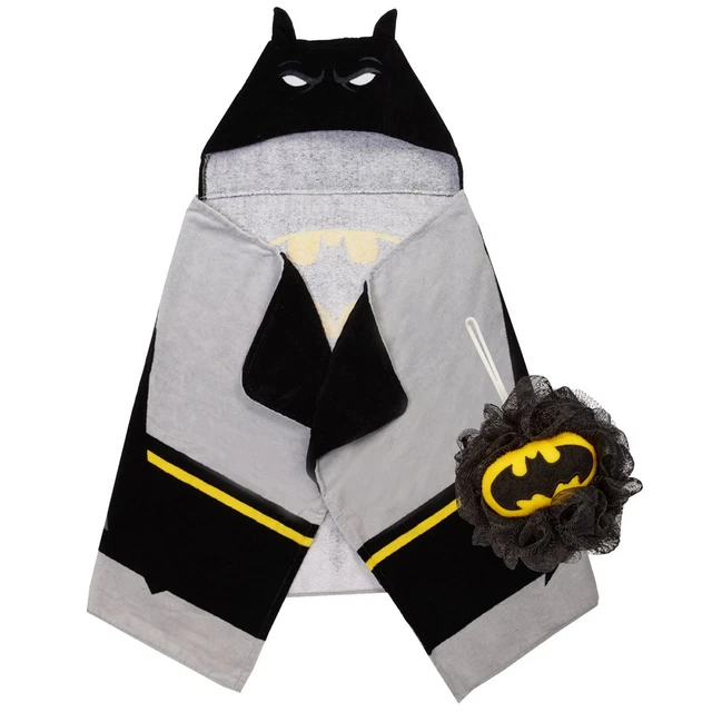 Batman Kids Hooded Towel and Character Loofah Set, Cotton, Black, Gray, DC Comic