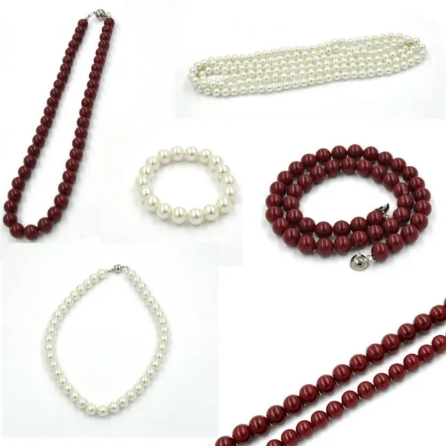 Damen Perlenkette Armband Kette mit Perlen Modeschmuck weiß beige rot 45-150cm