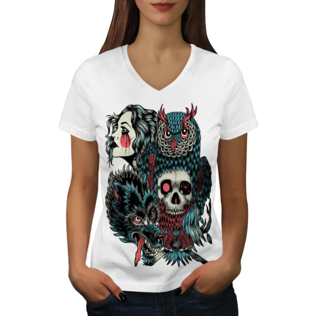 Maglietta Wellcoda Wolf Dragon Skull Fashion Donna Collo a V, Grafica Design
