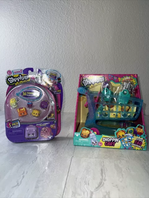 Shopkins Lot Of 2 Packages Shopping Cart & 5 Pack Of Shopkins