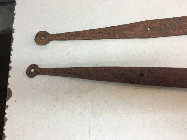 Antique Hand Forged Iron Barn Door Strap Hinges Pair  34” Long x 1.5 in 3