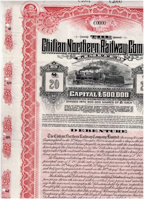 The Chilian Northern Railway Co., 1913, LB20 top scarce SPECIMEN, single piece,