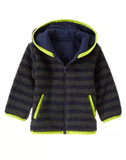 NEW Gymboree Baby Toddler Boys 6-12 mos Gray Striped Sherpa Hooded Jacket