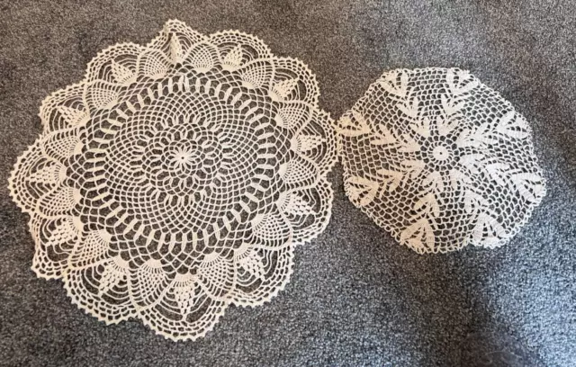 Lot of 2 ~ Vintage ~ White ~ Large & Medium Round ~ Crochet ~ Doilies