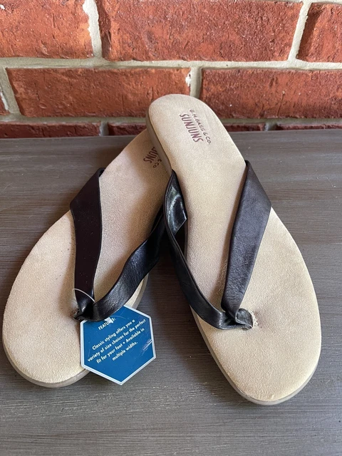 G.H. Bass & Co. Sunjuns Womens Strappy Flat Sandals Black Leather Thongs 9M