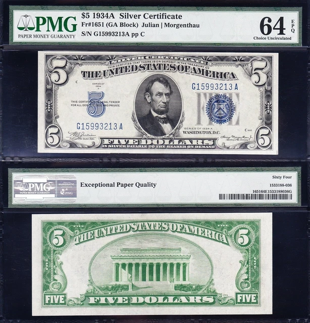 Amazing VCH/UNCIRCULATED 1934 A $5 Silver Certificate! PMG 64 EPQ! G15993213A