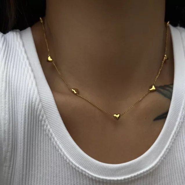 Collar De Corazones Chapado En Oro De 14k,Regalo Para Mujeres Joyería Fina