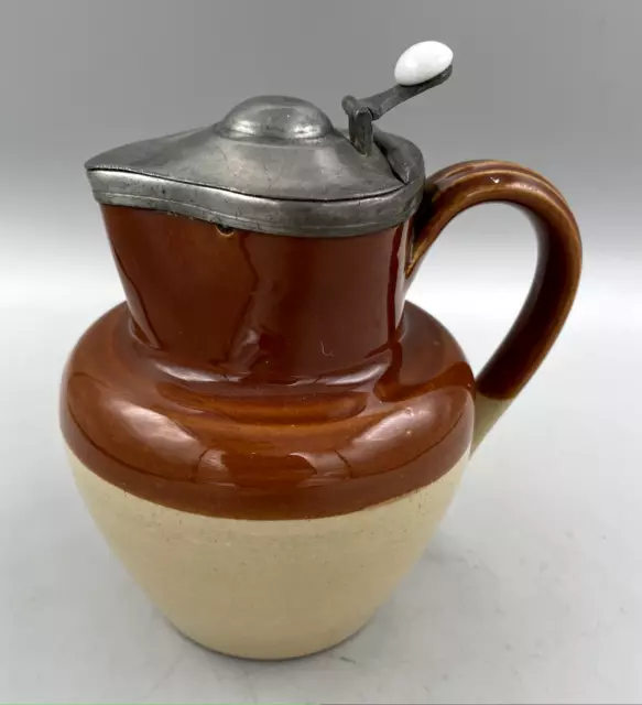 Vintage  Small Stoneware Jug With Pewter Lid - Excellent Condition 2