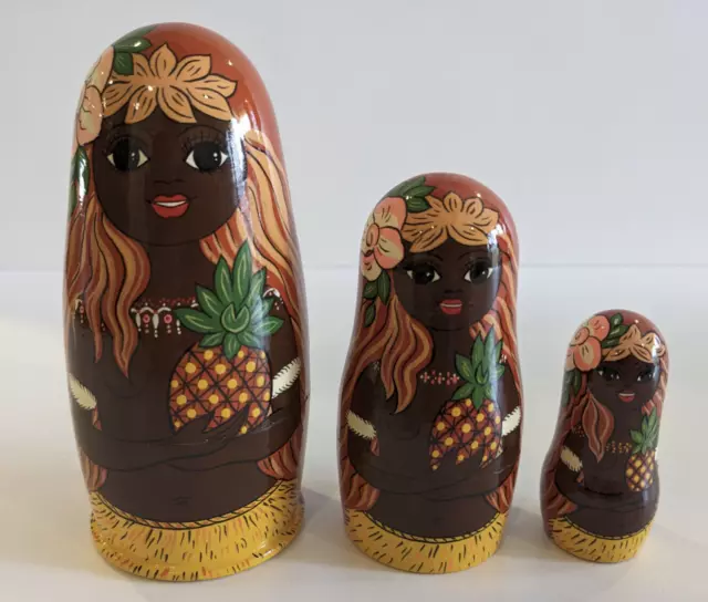 Set of 3 Topless Hawaiian Polynesian Hula Girls Nesting Dolls Russia Dark Skin