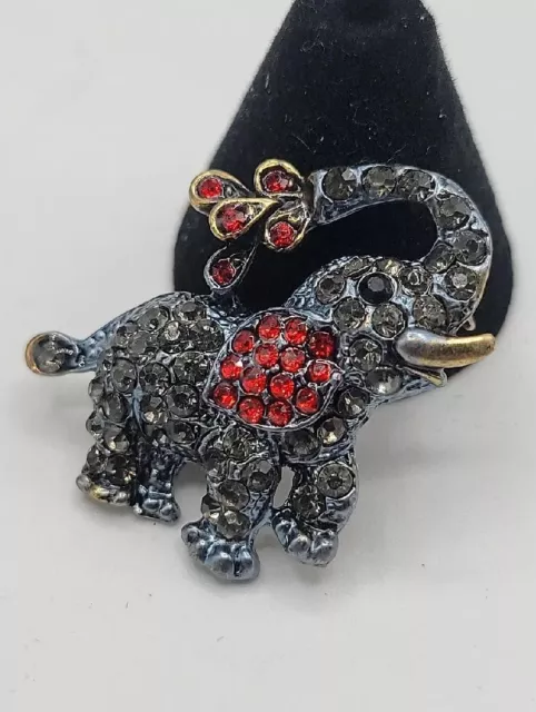 Rhinestone Studded Elephant Brooch Pin Gunmetal Gray Red Trunk Up For Good Luck
