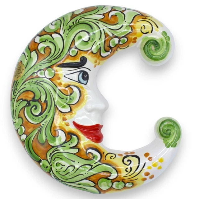 Luna in ceramica Caltagirone - h 25 x 20 cm ca. decoro barocco verde su fondo ar