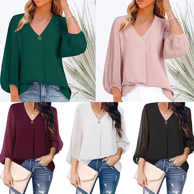Donna Puff Manica Lunga Top Camicetta Scollo V Ol Abbigliamento T Shirt Elegante