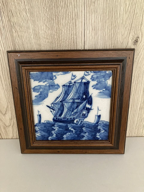 Framed Antique Delft Tile Hand Painted Sailing Ship