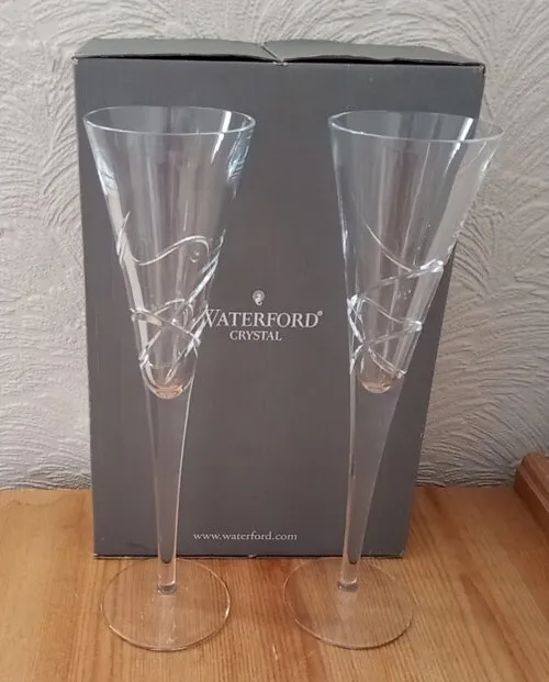 Boxed Pair of Waterford Crystal Champagne Flutes 11" Ballet Ribbon  Unused Gift