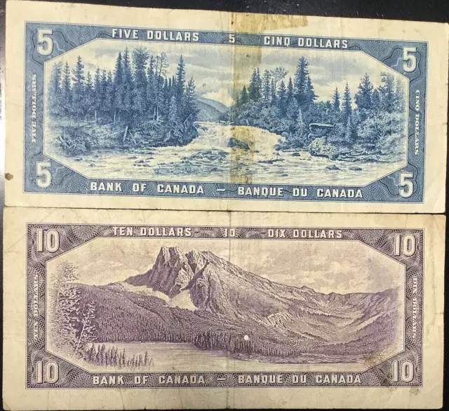 1954 Bank Of Canada Five And Ten Dollars 5$ And 10$ Bank Notes 2