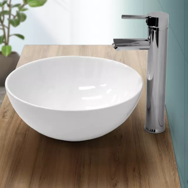 Lavabo di appoggio lavandino ceramica tondo Ø320mm lavello sospeso bianco lucido