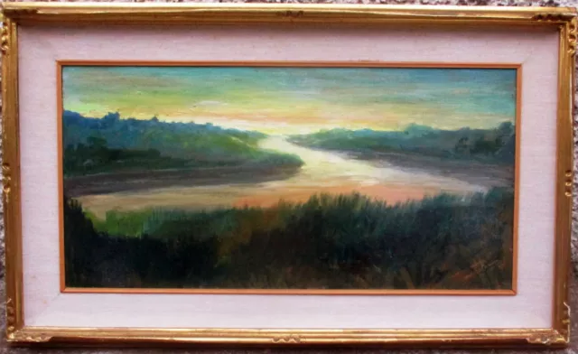 Ampio Paesaggio Di Campagna Con Fiume - Tramonto - Vecchio Quadro Dipinto Olio