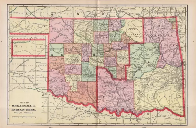 1898 Antique Cram Atlas Map Of Oklahoma & Indian Territory-United States