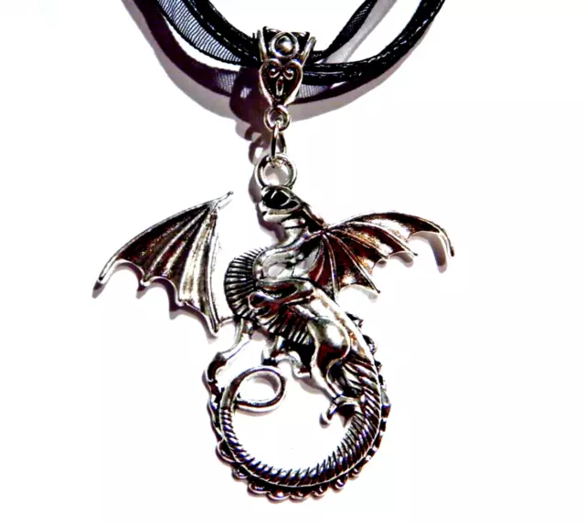 Silver-tone Dragon Pendant on Black Ribbon Cord Choker Necklace Goth Medieval P6