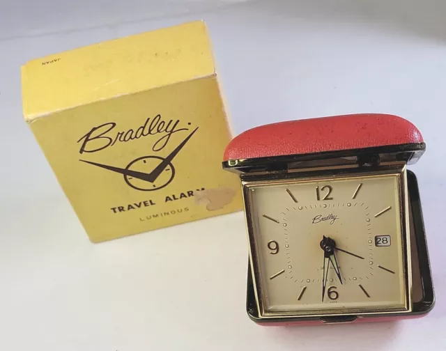 Antique Red Leather & Brass Bradley Travel Alarm Org Box Folding Luminous Tested