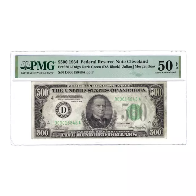 1934 $500 Small Size Federal Reserve Note - Cleveland - PMG 50 About Unc EPQ