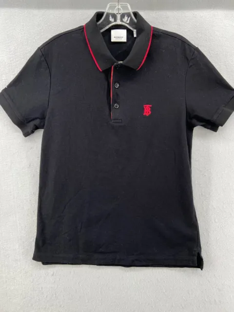 Burberry London Polo Shirt Mens Sz S Black Pique Red Logo Icon Placket Cotton 2