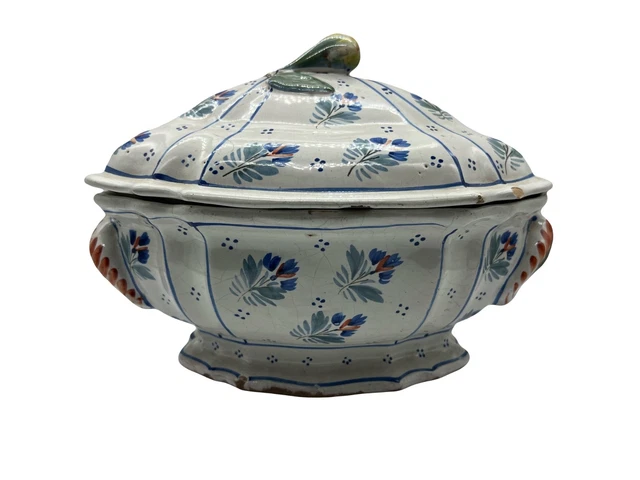 Couvercle De Soupière Ancien En Faïence De Choisy - Motif Rameaux, Restauré