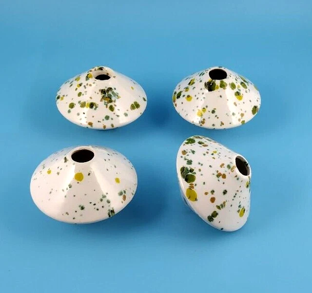Vtg 70s Ceramic Macrame Beads Large Saucer Round Speckled White w/ Green Yellow