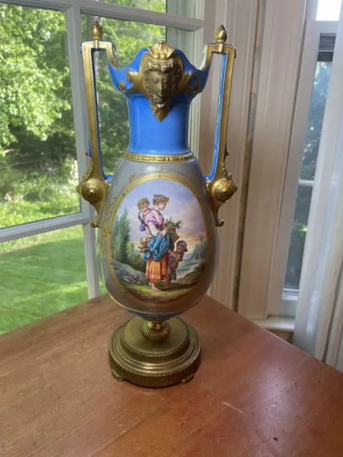 French Old Paris Antique LARGE Blue  Hand Painted  Vase  with Bronze Dore' base