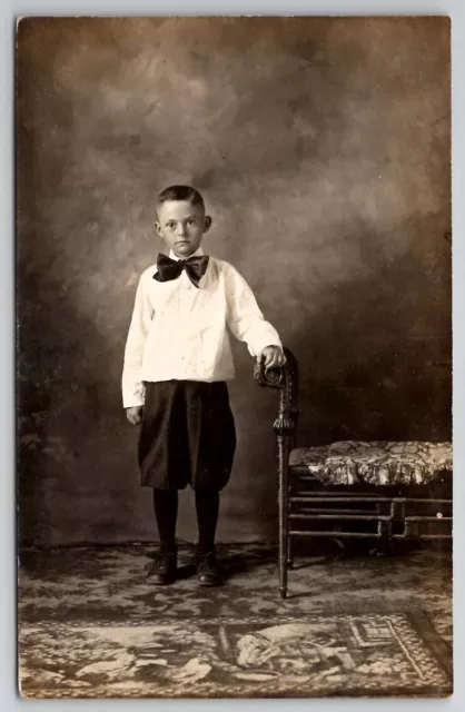 Young Boy Knickers Large Bow Tie RPPC Studio Photo Postcard A28