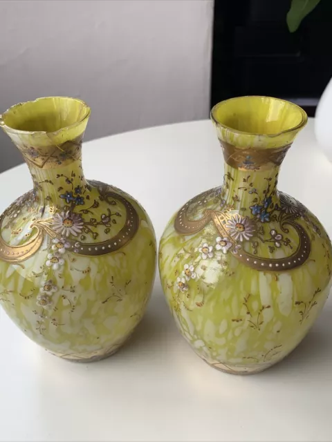 Two Vintage Czech Bohemian Hand Painted &Gilded Mottled Glass Vases  6”Tall.