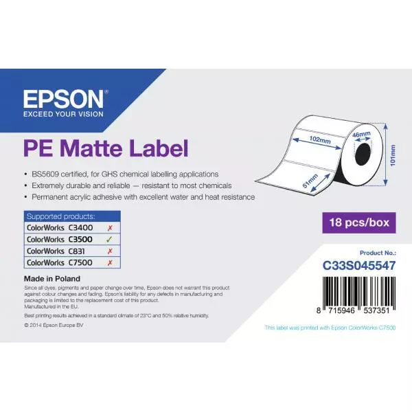 Epson - Bs Label Consumables u4 PE MATTE LABEL-DIE-CUT 102MM X 51MM 535 LABELS
