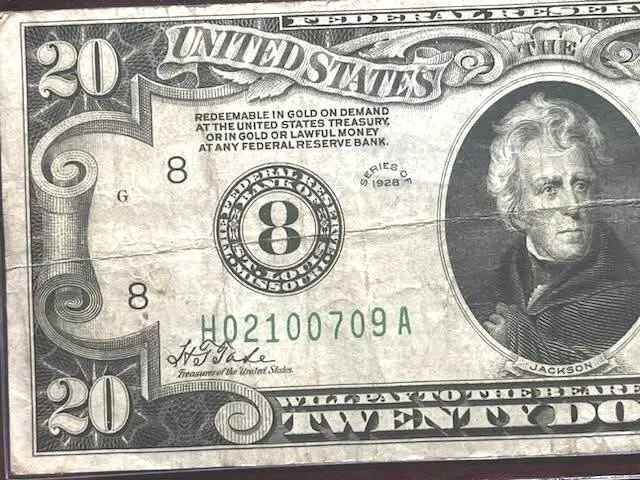 1928  $20 Federal Reserve Note “REDEEMABLE IN GOLD”LIME GREEN SEAL, 8