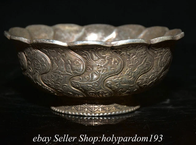 5" Marked Old Chinese Copper Silver Dynasty Beast Phoenix Bird Round Bowl