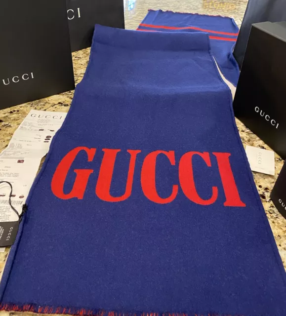 New 1K Gucci 2019 Blue GG Logo 75” Wool Scarf Cape Pashmina Gift Bag Box L