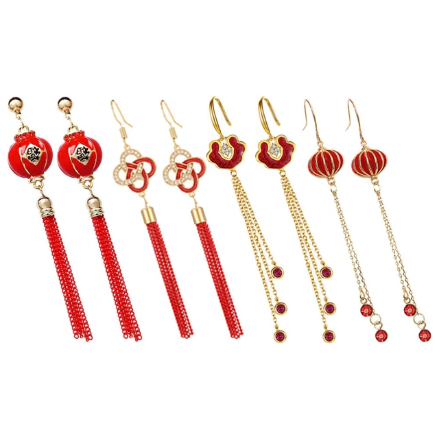 4 Pairs National Fashion Earrings Alloy Student Chinese Knot Tassel Earringss
