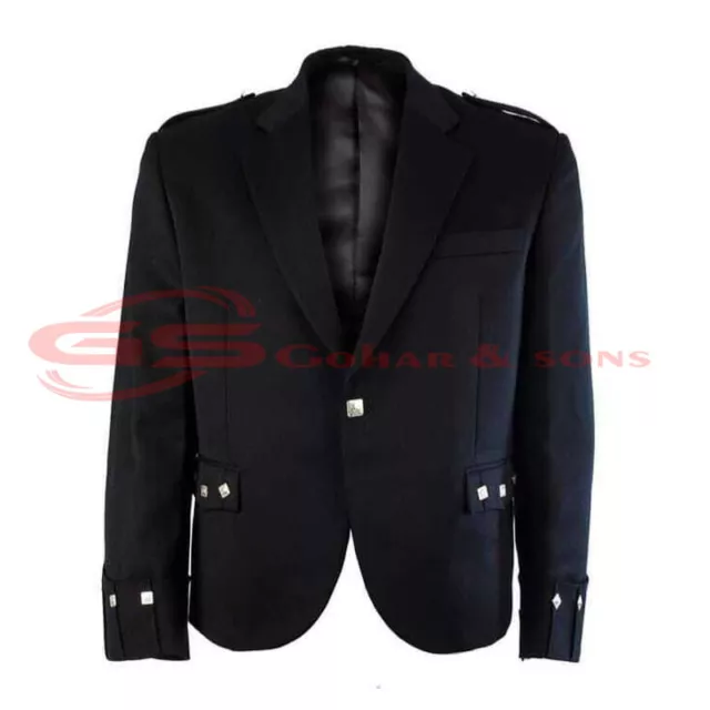 Men”s Argyle Black Kilt Jacket with Vest 100% Wool Ex-hire, Wedding Jacket