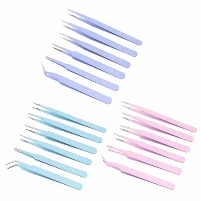 Kit de 6 pinzas de punta curva recta de acero inoxidable antiestático