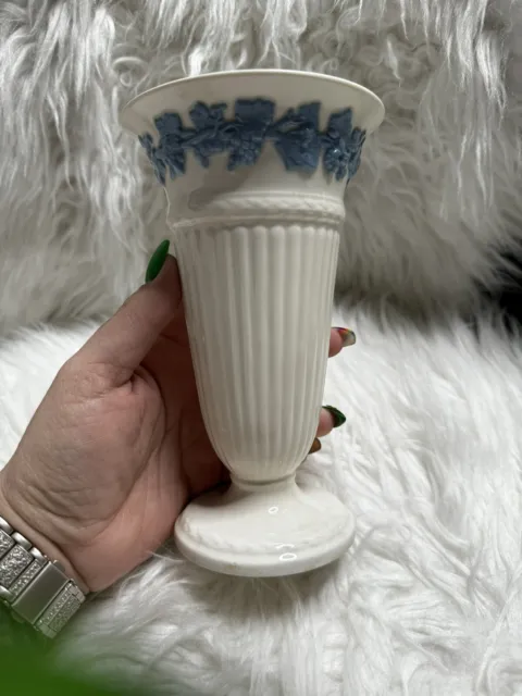 Wedgwood Estruria & Barlaston Embossed Queens Ware Vase Powder Blue on Cream