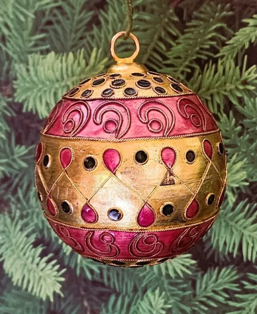 Eastern Style Enamel on Metal Ornament, Fine Twist Wire Edging, Gold, Rose Color