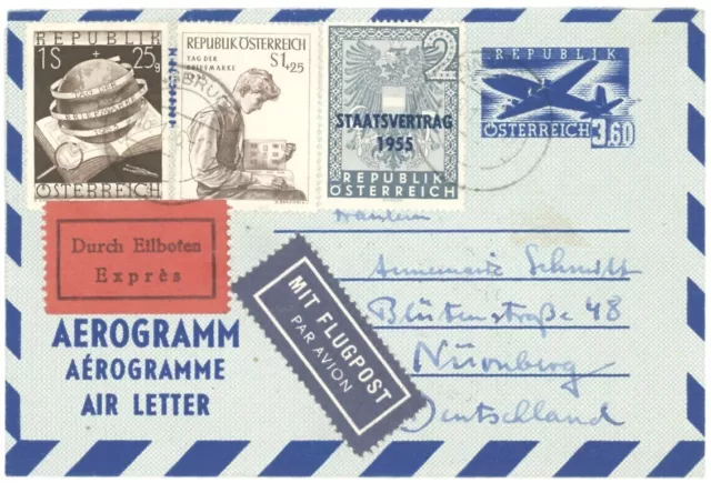 Austria 1956 Express 3.60s Aerogramme w/6 Diff Stamps w/1953 & 1955 Stamp Day