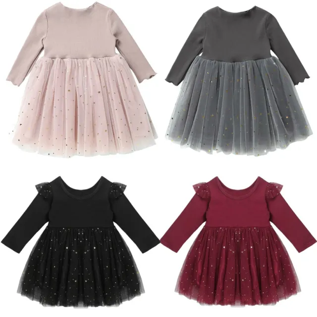 Toddler Baby Girls Dress Princess Long Sleeve Tops Tulle Mesh Skirt Kids Clothes